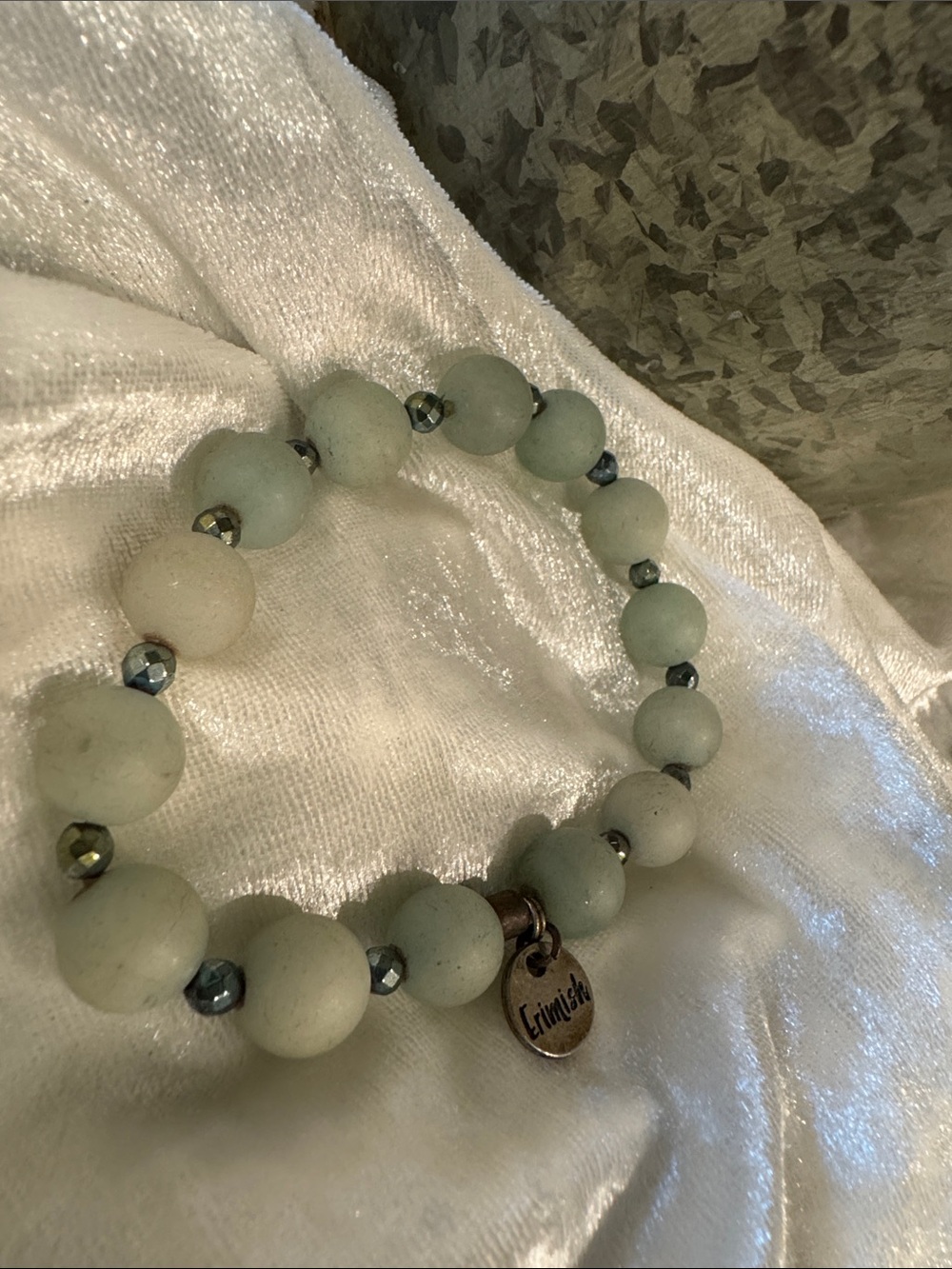Erimish Sage Green Matte Beaded Bracelet with Hematite Accent Beads - Picture 2 of 3